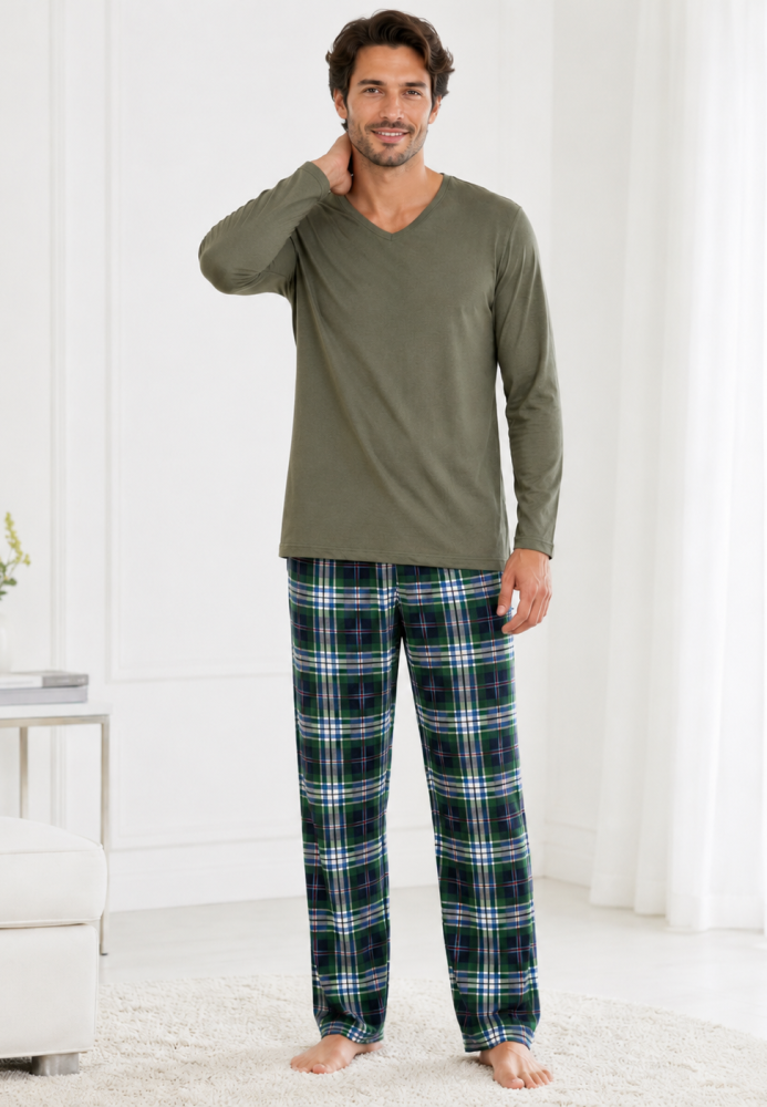 Pijama barbati Serena cu maneca lunga si pantalon lung-Kaki ,Engros